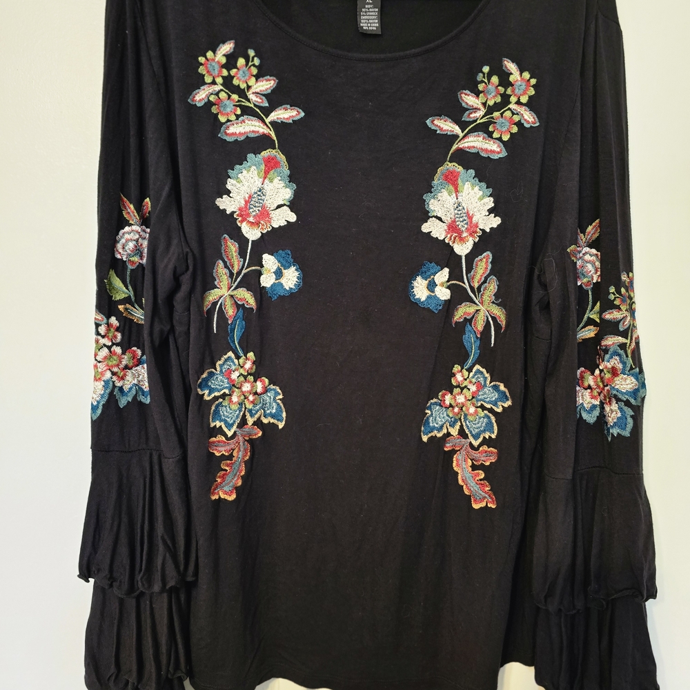 Floral Embroidered Gauzelike Black Top